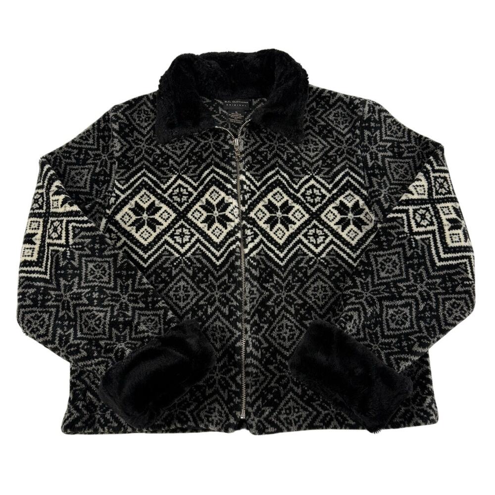 Vintage Winter Snowflake Black & White Warm Zip Up Fleece W/ Fur Collar Size XL